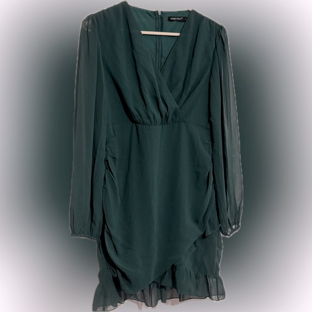 BRAND NEW 🎉  Dress, DOUBLE CRAZY  SZ L, Deep Green Sheer, Ruffle, Soft Dress